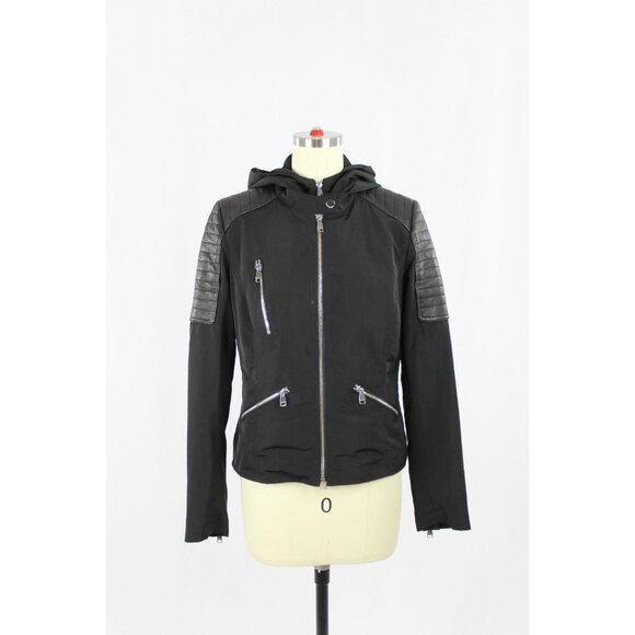 DANIER Dakota Black Polyester Quilted Leather Hooded Biker Jacket, Size XS - Picture 1 of 14
